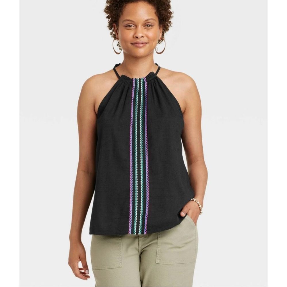 Black Halter Tank Top with Vertical Embroidered Stripe